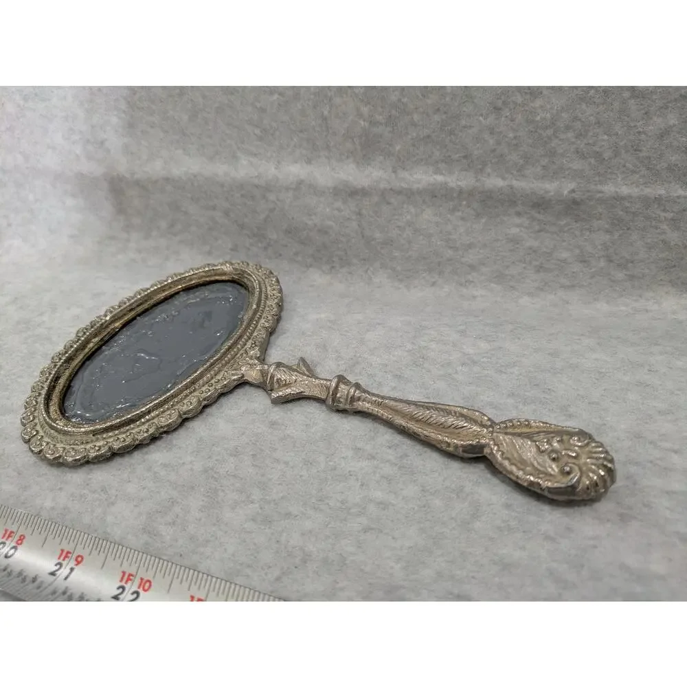 Antique French Sevres Hand Painted Hand Mirror & Silver Plated Vanity Mirror VTG